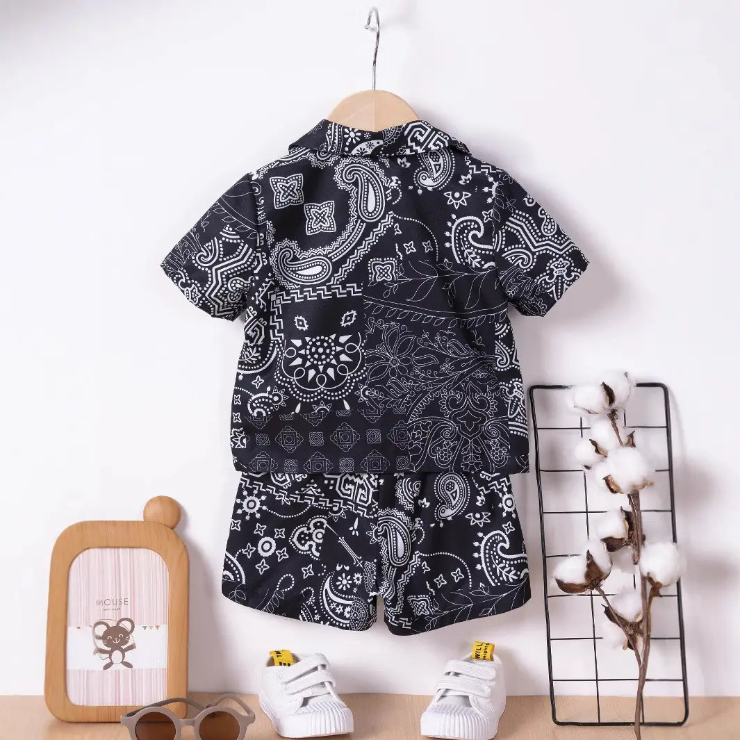 2pcs New Summer Boys Thin Printed Shirt Split Suit Full Print Color Fashion Casual Sports Style Beach Travel Outdoor Party Set