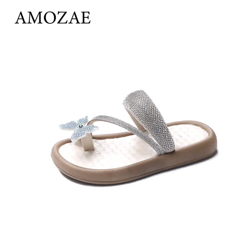 Girls Princess Shoes Shiny Crystal Butterfly 2025 Summer New Kids Slippers Toe Covering Girls Sandals Non-slip Comfortable Chic
