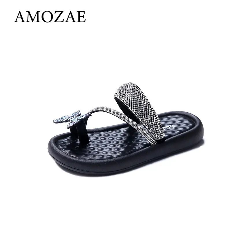 Girls Princess Shoes Shiny Crystal Butterfly 2025 Summer New Kids Slippers Toe Covering Girls Sandals Non-slip Comfortable Chic