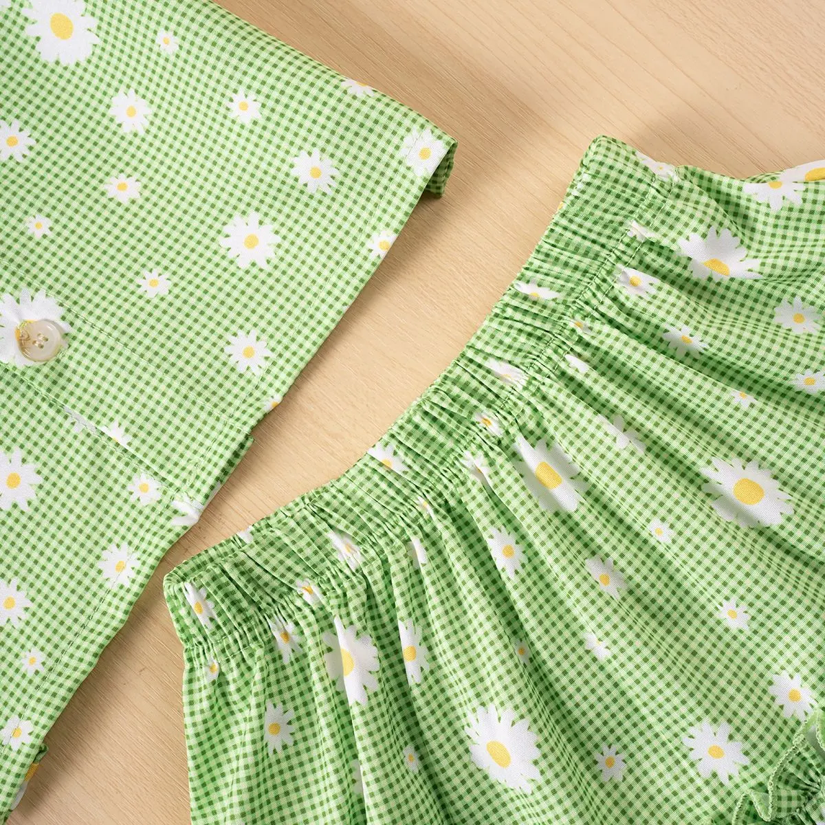 Summer Girls 2 Piece Outfit Korean Style Floral Print Sleeveless Top Green Shorts 2025 New Fashion Baby Clothes Set