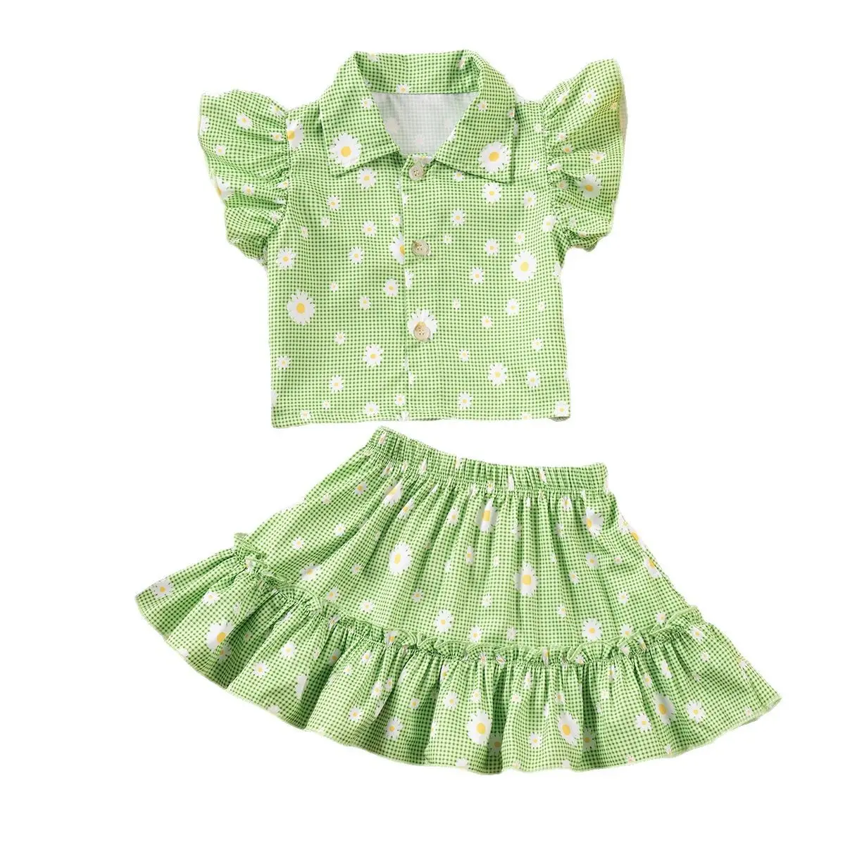 Summer Girls 2 Piece Outfit Korean Style Floral Print Sleeveless Top Green Shorts 2025 New Fashion Baby Clothes Set