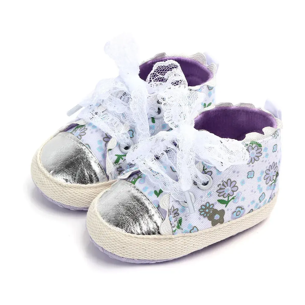 Newborn Baby Girl Shoes First Walker Infant Shoes Soft Non Slip Sole Lovely Flowers Lace Shoestring Casual Canvas