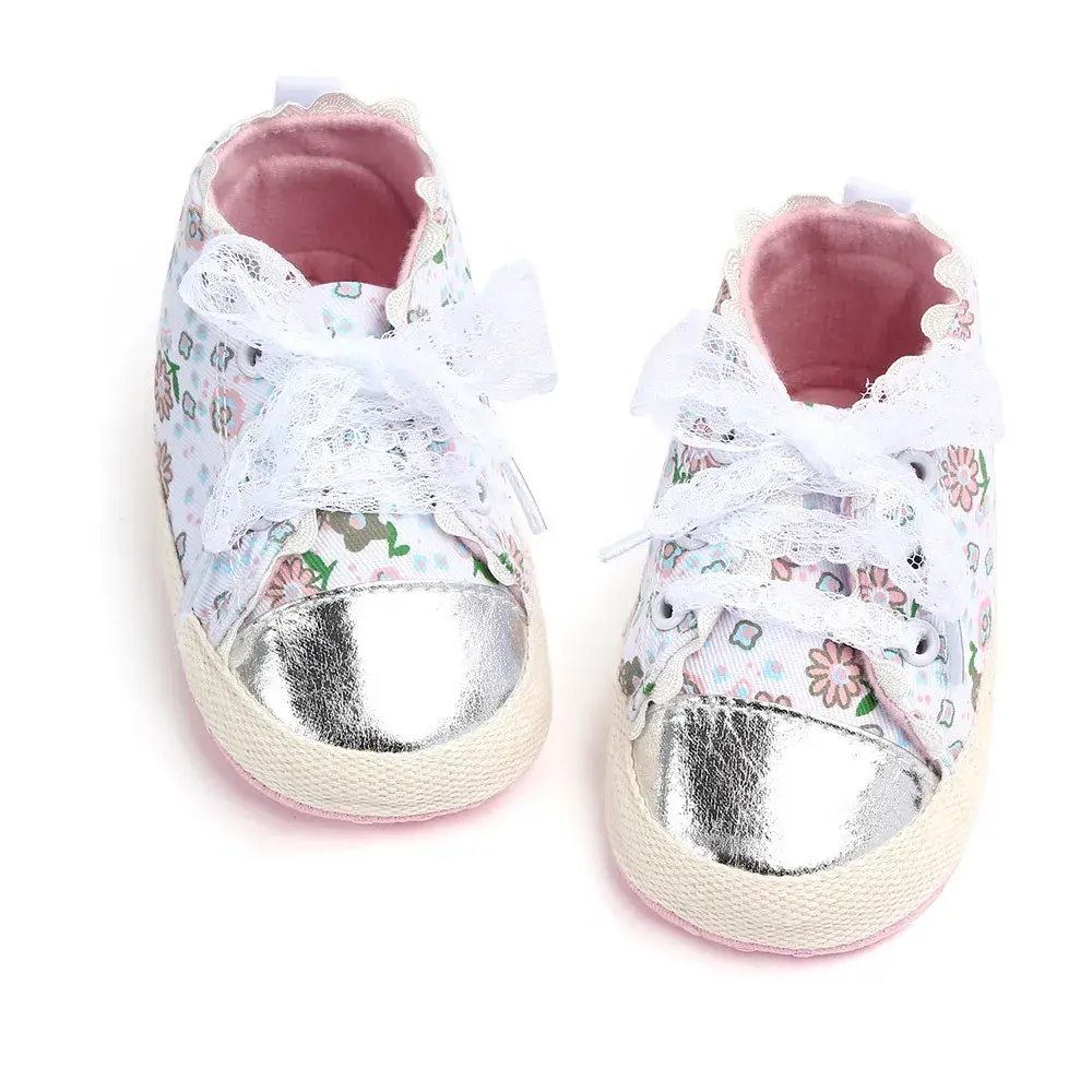 Newborn Baby Girl Shoes First Walker Infant Shoes Soft Non Slip Sole Lovely Flowers Lace Shoestring Casual Canvas