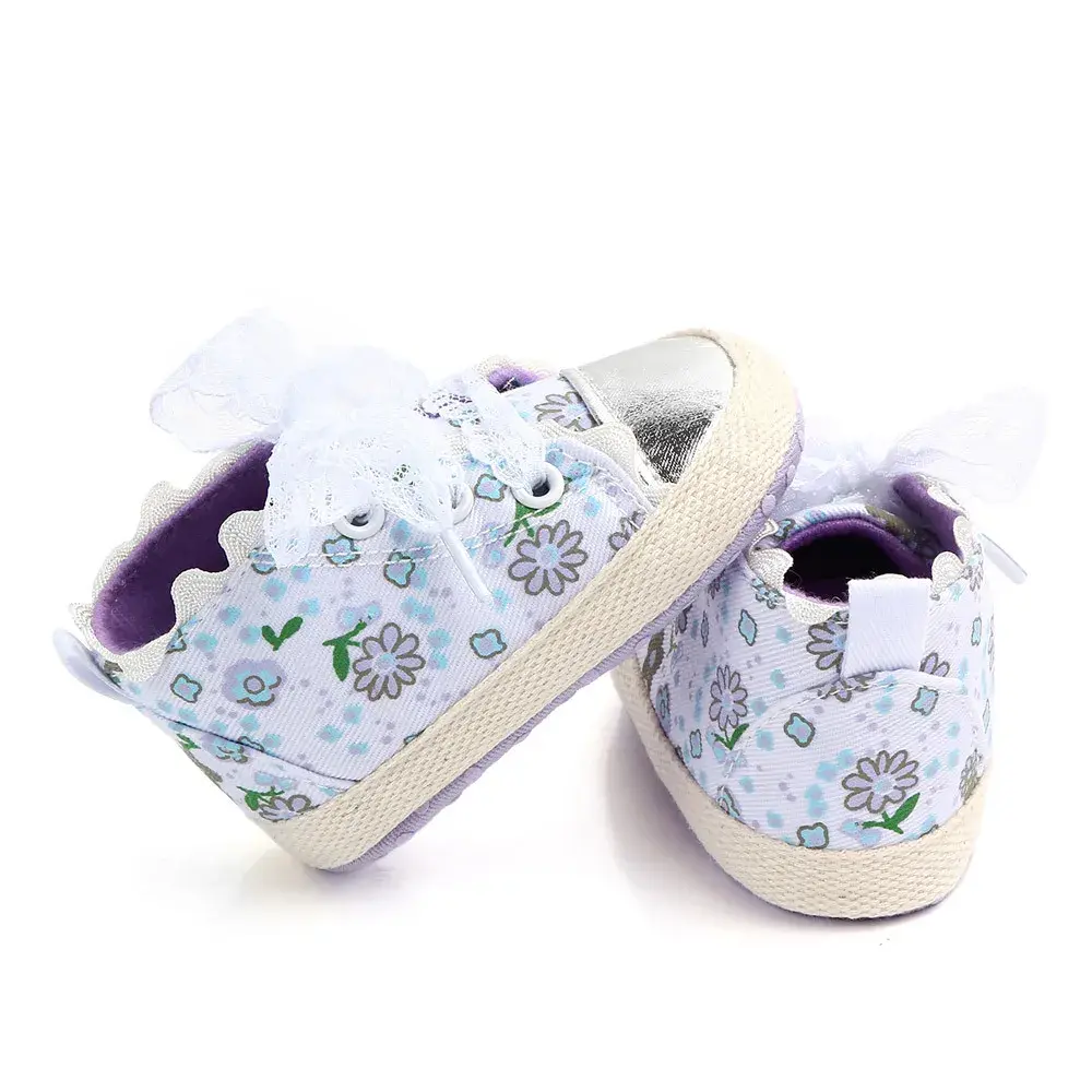 Newborn Baby Girl Shoes First Walker Infant Shoes Soft Non Slip Sole Lovely Flowers Lace Shoestring Casual Canvas