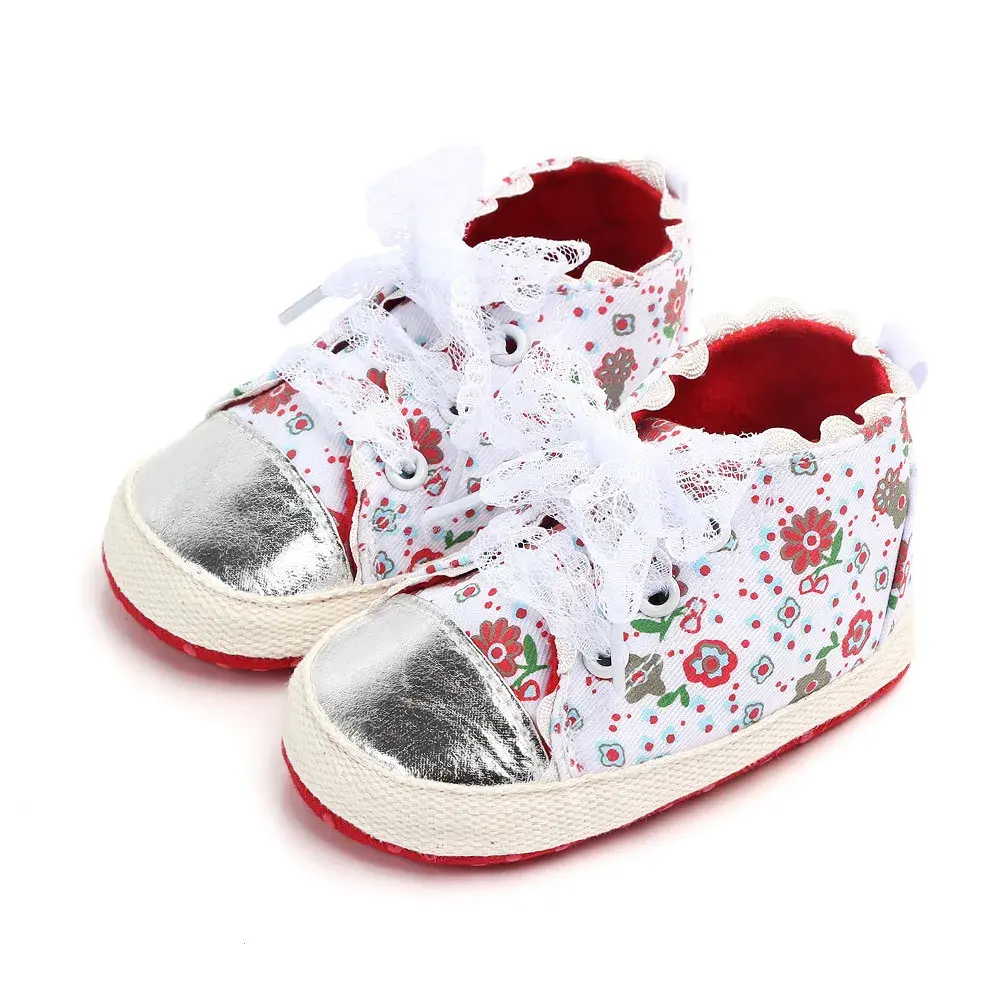 Newborn Baby Girl Shoes First Walker Infant Shoes Soft Non Slip Sole Lovely Flowers Lace Shoestring Casual Canvas