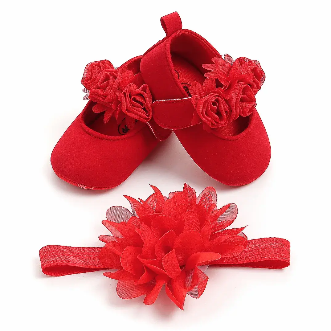 Newborn Baby Girls Shoes + Headband Set Bowknot Flower Princess Shoe Toddler Soft Sole Walking Cotton First Walkers All Seasons