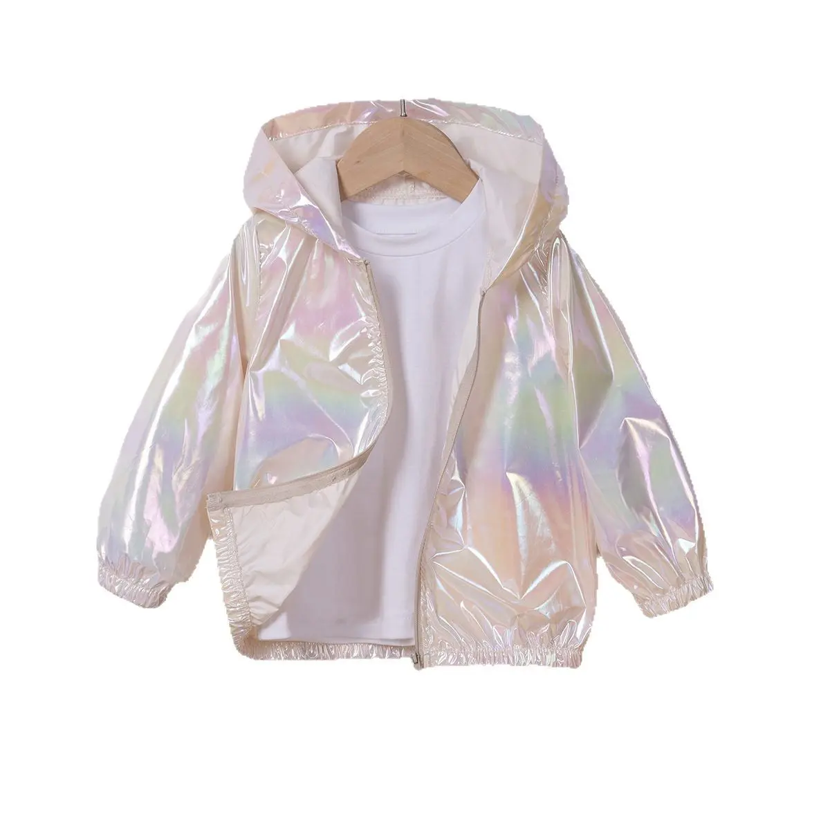 Childrens Clothing Girls Pearl Color Hooded Zipper Jacket Spring Autumn Fashion Trend Leisure Outerwear 0-6Y Going Out Thin Coat