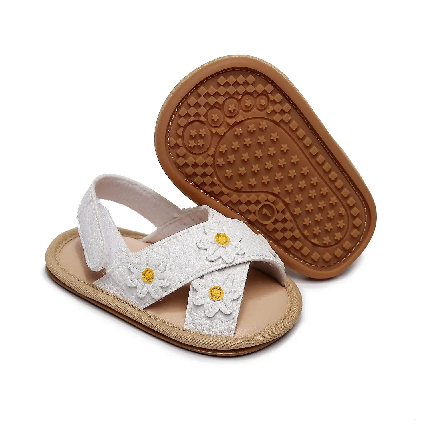 Newborn Leather Fashion Baby Shoes Summer Baby Floral Applique Pattern Shoes Anti-slip Flat Soft Sole Sandals PU Prewalker