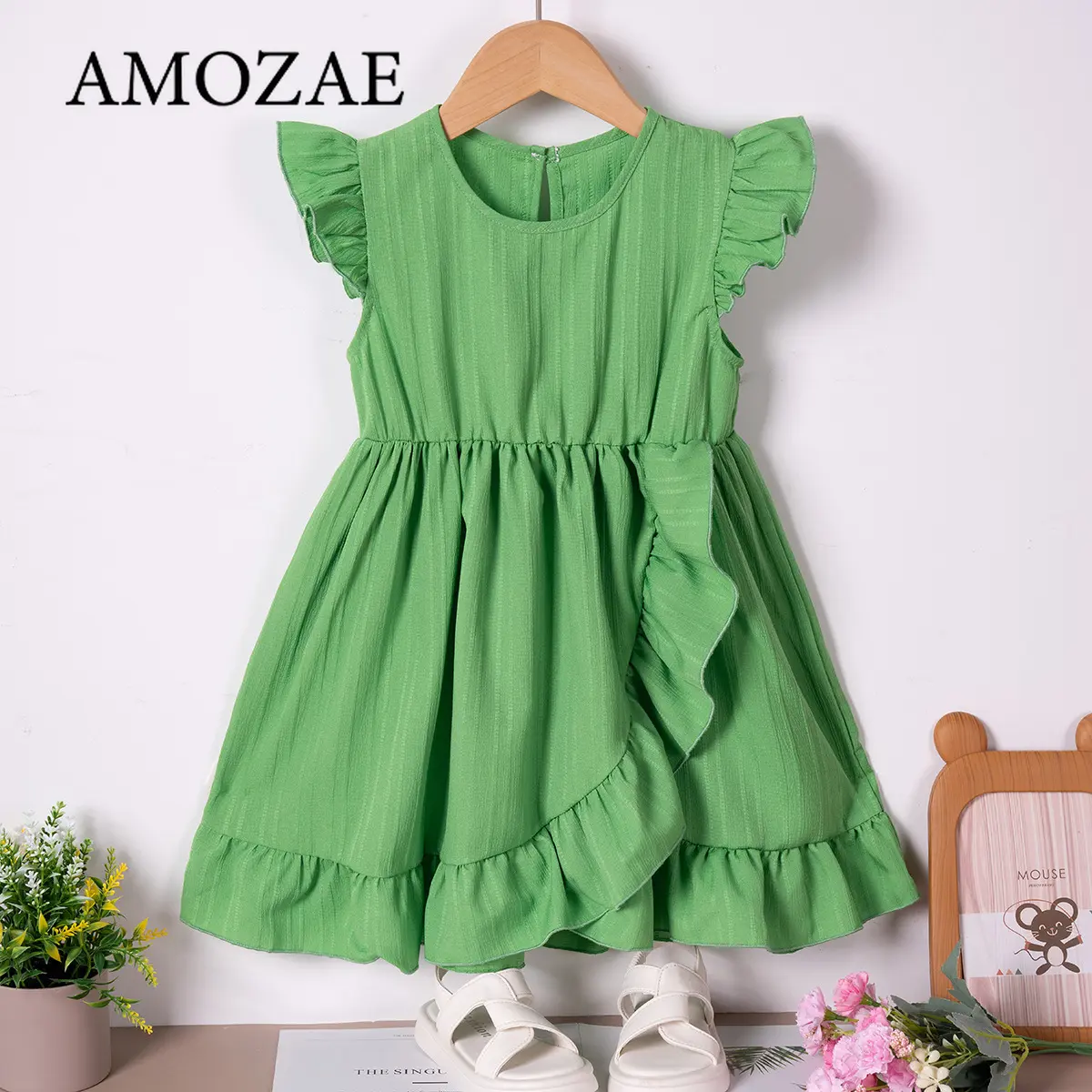 Summer Girls Dress 1-7 Years Ruffled Sleeves Solid Color Ruffle Edge Elegant Princess Cute Casual Party Holiday Daily Outfit