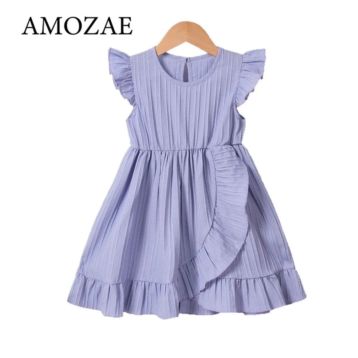 Summer Girls Dress 1-7 Years Ruffled Sleeves Solid Color Ruffle Edge Elegant Princess Cute Casual Party Holiday Daily Outfit