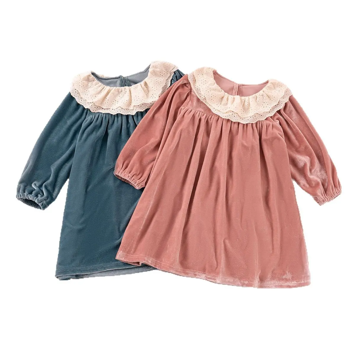 Spring Autumn Girls' Gold Velvet Solid Color Dress Girls' Hooded Lace Collar Long Sleeve Skirt Girls Party Dresses Kids Clothes