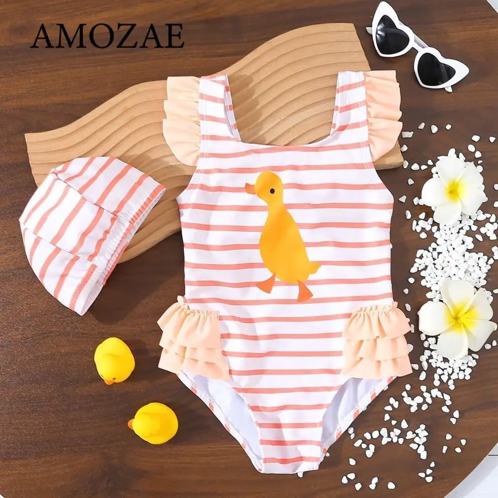 Newborn Infant Toddler Baby Girl Swimsuit Cute Striped Cartoon Duck Printed Swimwear Beachwear Bathing Suitid Swimming Suit