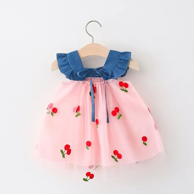 Baby Girl Dresses Princess Flying Sleeves Cherry Embroidery Yarn Skirt Bow  Children Clothes Summer Sweet Style Birthday Party