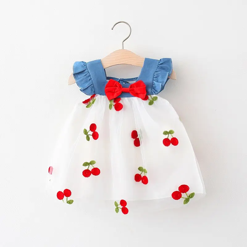 Baby Girl Dresses Princess Flying Sleeves Cherry Embroidery Yarn Skirt Bow  Children Clothes Summer Sweet Style Birthday Party