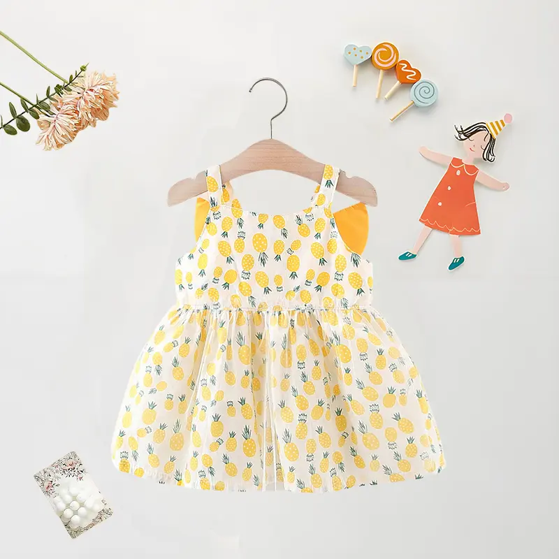 Summer Cotton Baby Girl Dress Baby Girl Full Body Pineapple Print Patchwork Mesh Suspender Princess Dress Party Sleeveless Dress