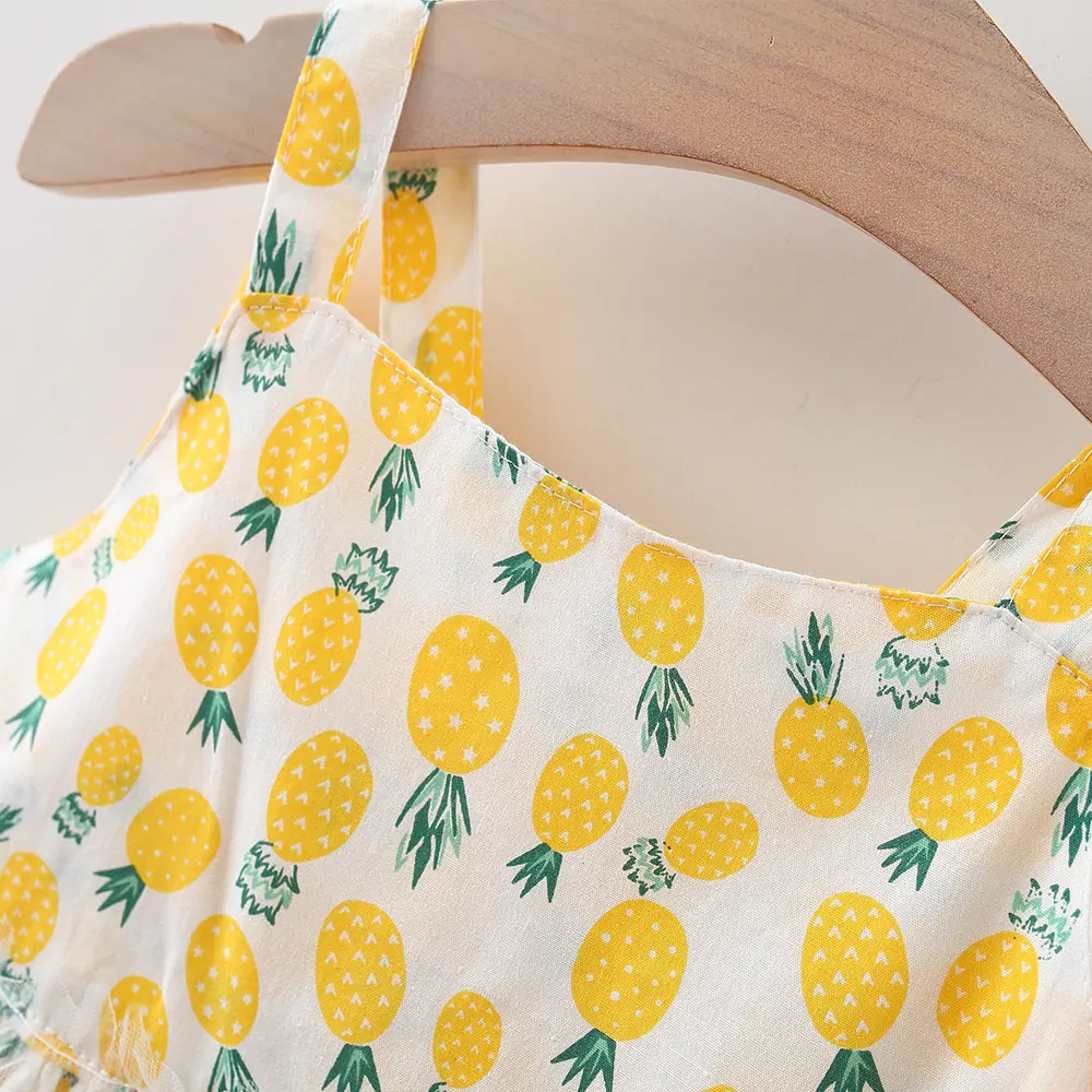 Summer Cotton Baby Girl Dress Baby Girl Full Body Pineapple Print Patchwork Mesh Suspender Princess Dress Party Sleeveless Dress