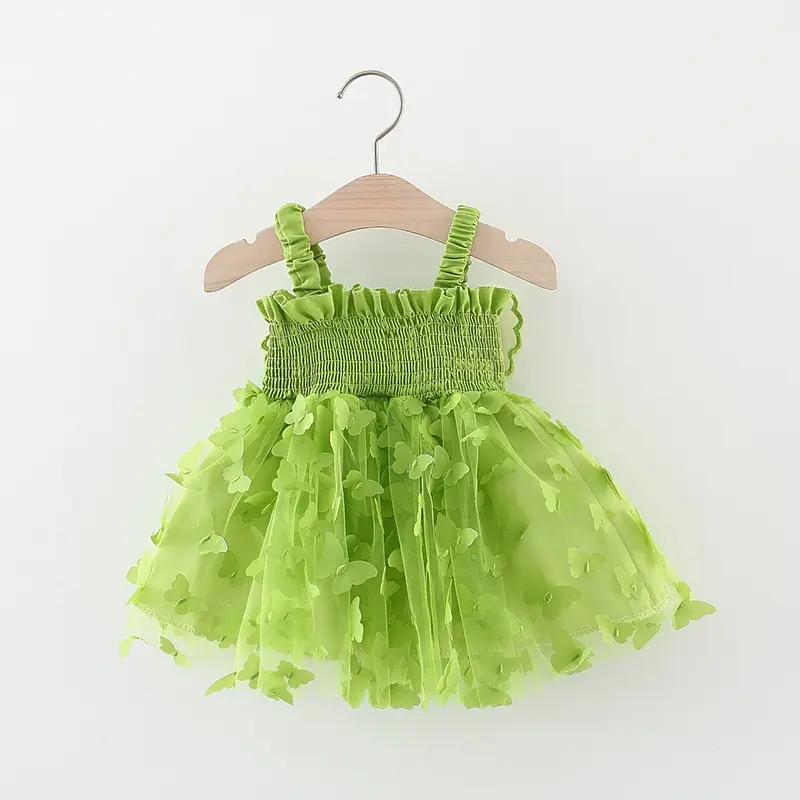 Summer girl's camisole dress solid color butterfly 3D printing sleeveless mesh splicing butterfly wing fluffy skirt