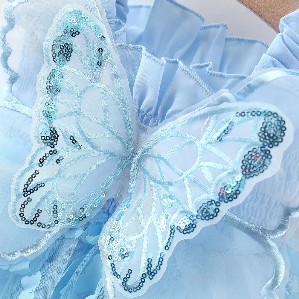 Summer girl's camisole dress solid color butterfly 3D printing sleeveless mesh splicing butterfly wing fluffy skirt