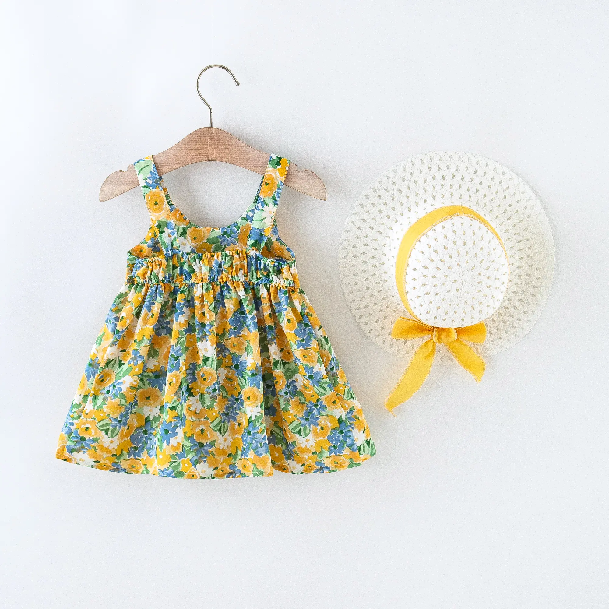 Baby Girl Dresses 2 Pieces Set Dress&Hat Flower Printed Bow Sweet Sleeveless Round Neck Children Clothes