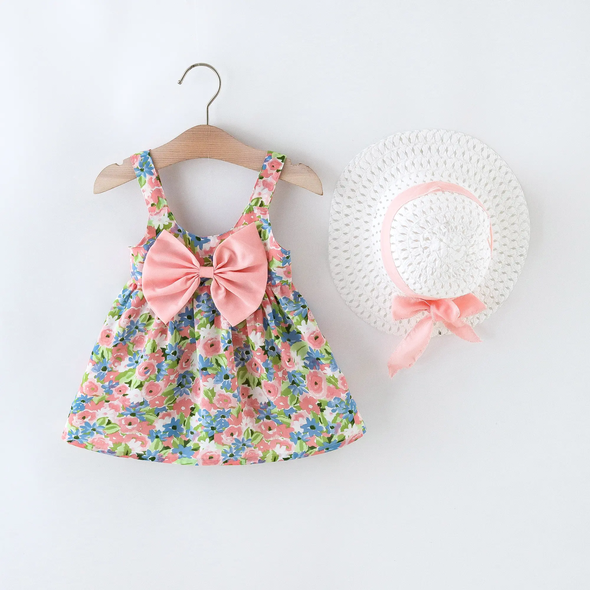 Baby Girl Dresses 2 Pieces Set Dress&Hat Flower Printed Bow Sweet Sleeveless Round Neck Children Clothes