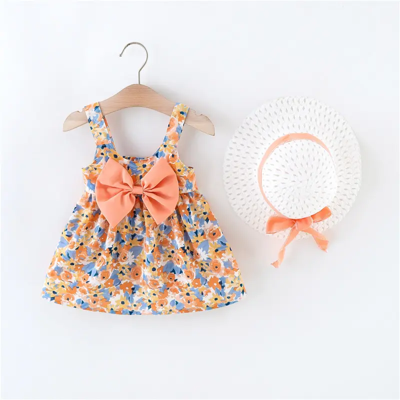 Baby Girl Dresses 2 Pieces Set Dress&Hat Flower Printed Bow Sweet Sleeveless Round Neck Children Clothes