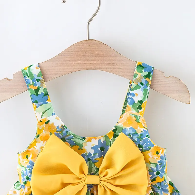 Baby Girl Dresses 2 Pieces Set Dress&Hat Flower Printed Bow Sweet Sleeveless Round Neck Children Clothes