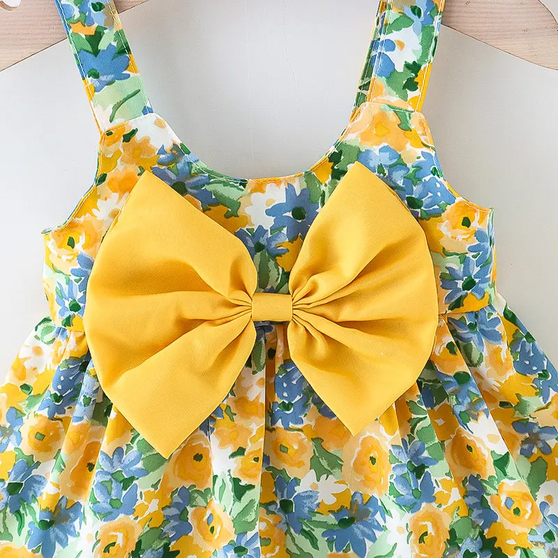 Baby Girl Dresses 2 Pieces Set Dress&Hat Flower Printed Bow Sweet Sleeveless Round Neck Children Clothes