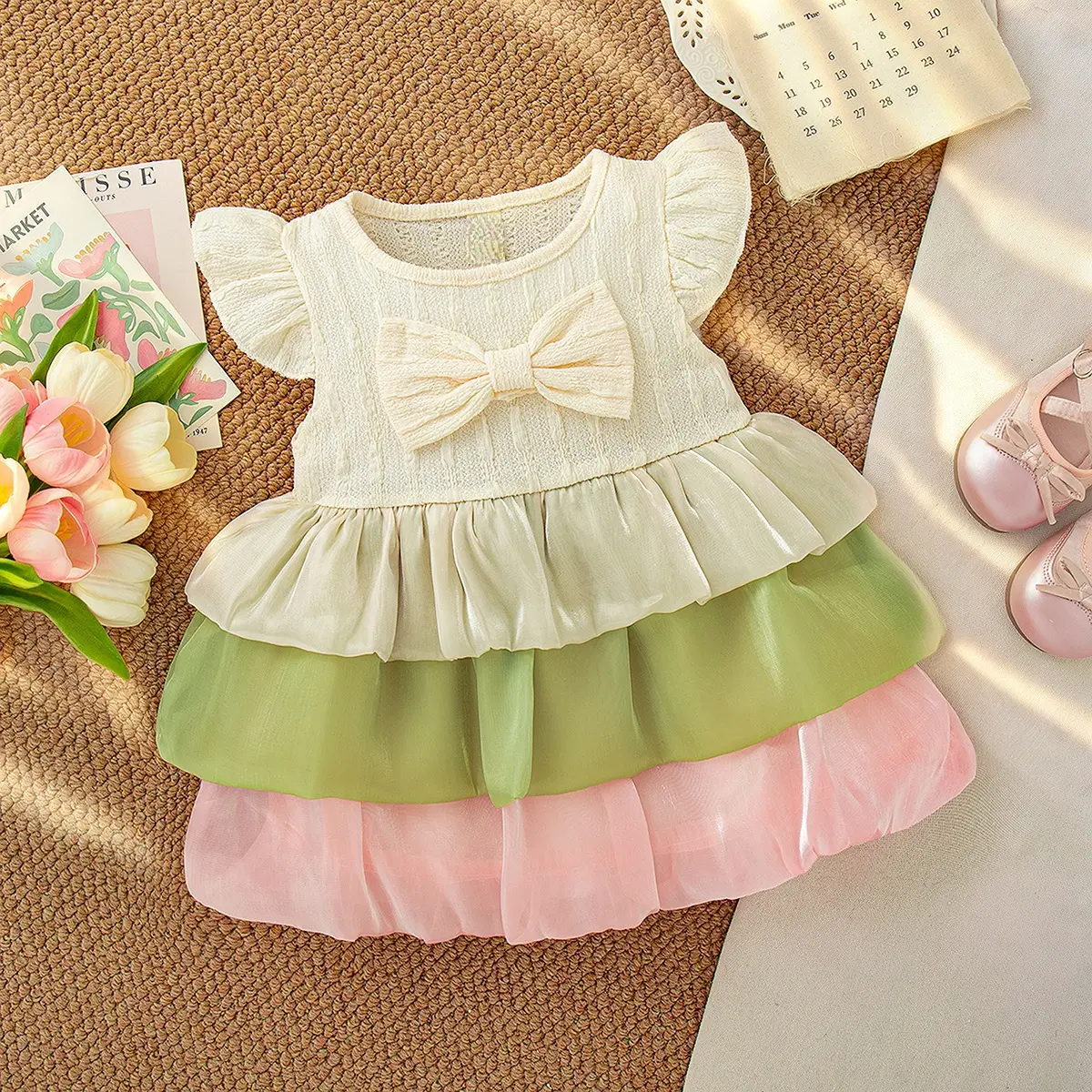 Birthday Dress Baby Girl Summer New Sleeveless Toddler Dress Imitation Satin Sweet Solid Color Bow Girl Clothing