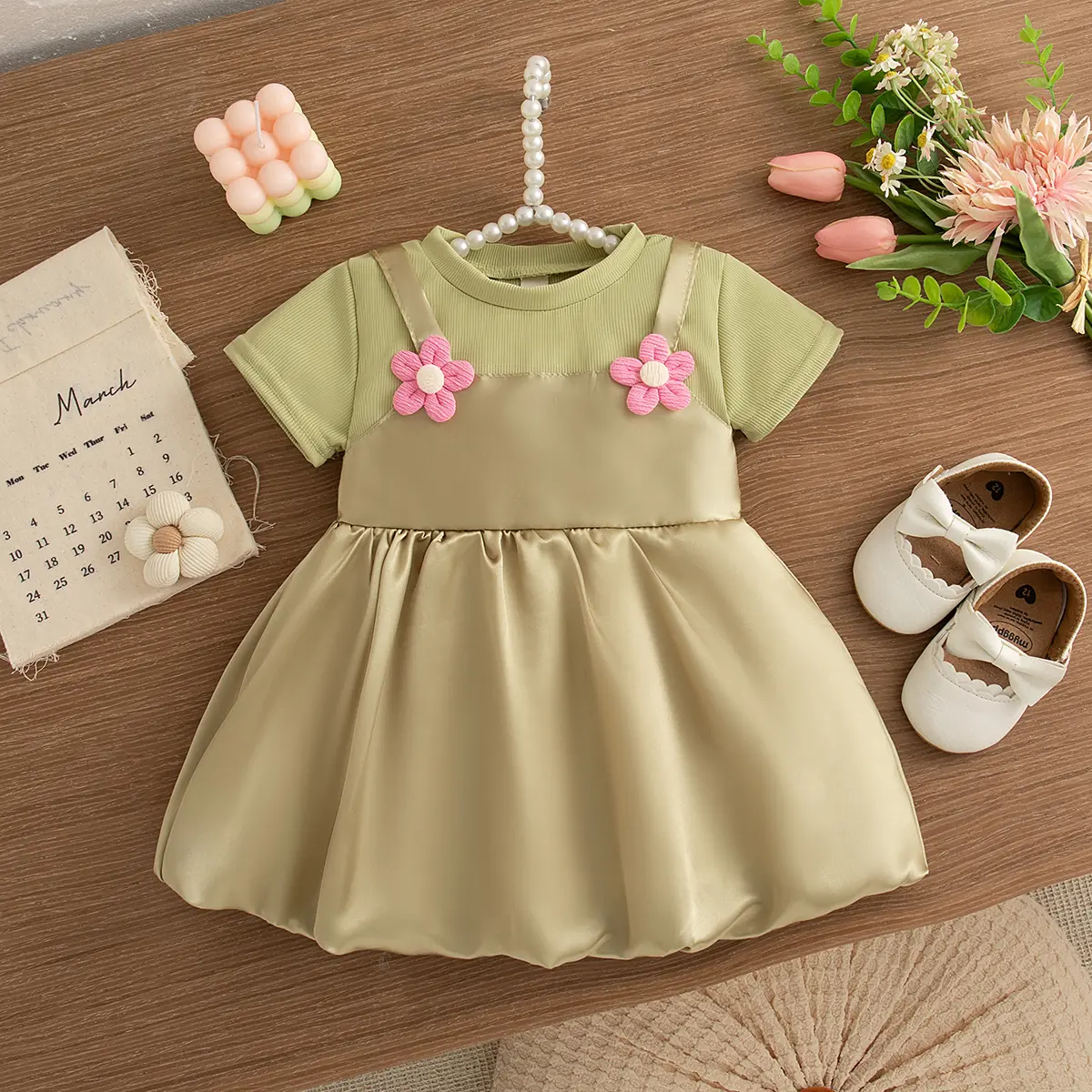 Baby Girl Dress Summer New Short Sleeved Toddler Dress Imitation Satin 3d Flower Imitation Of Two Pieces Girl Clothes