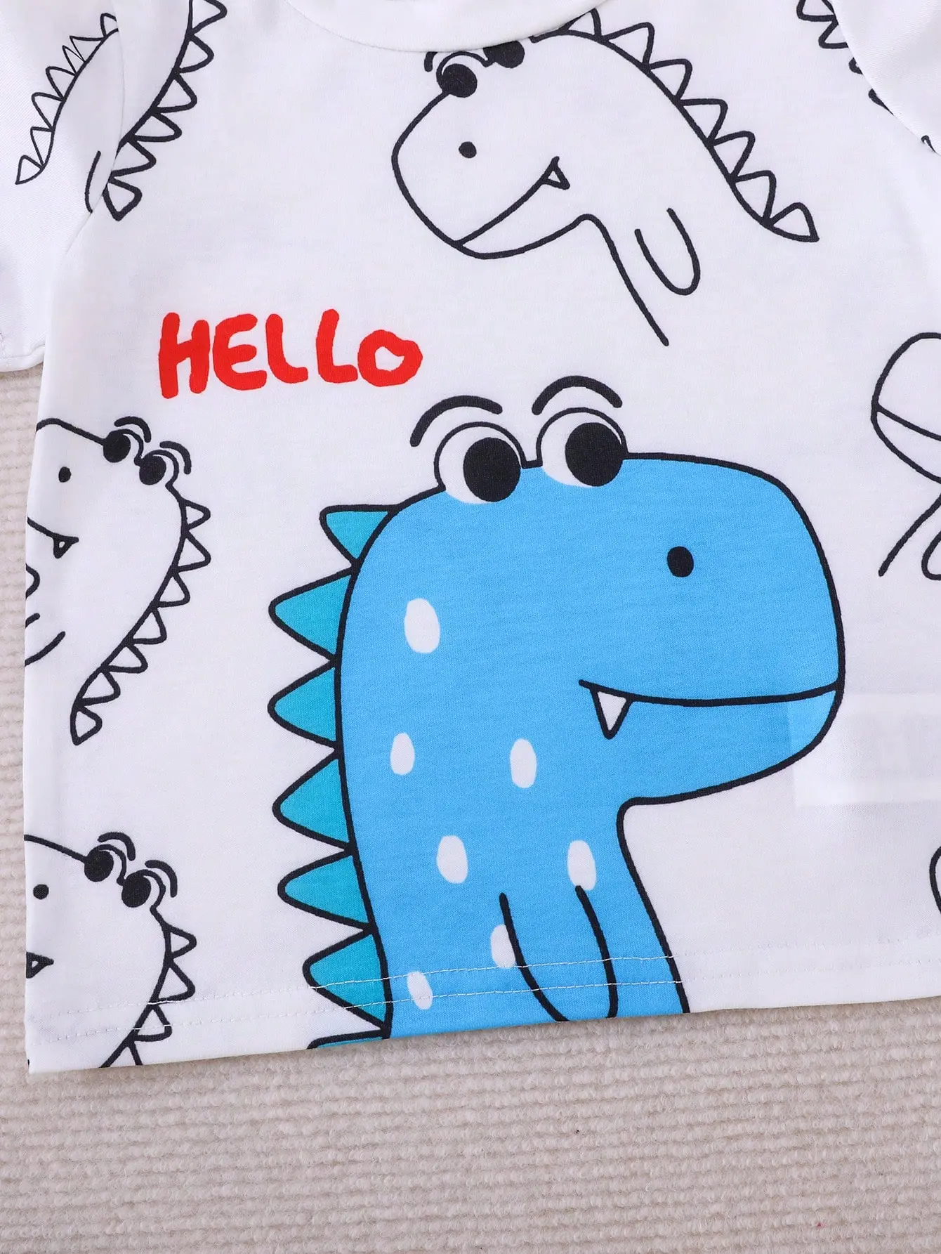 Summer 2-Piece Set New Casual Outdoor Comfort Breathable Cute Dinosaur Print Round Neck Short-Sleeved Denim Shorts Fashion Suit