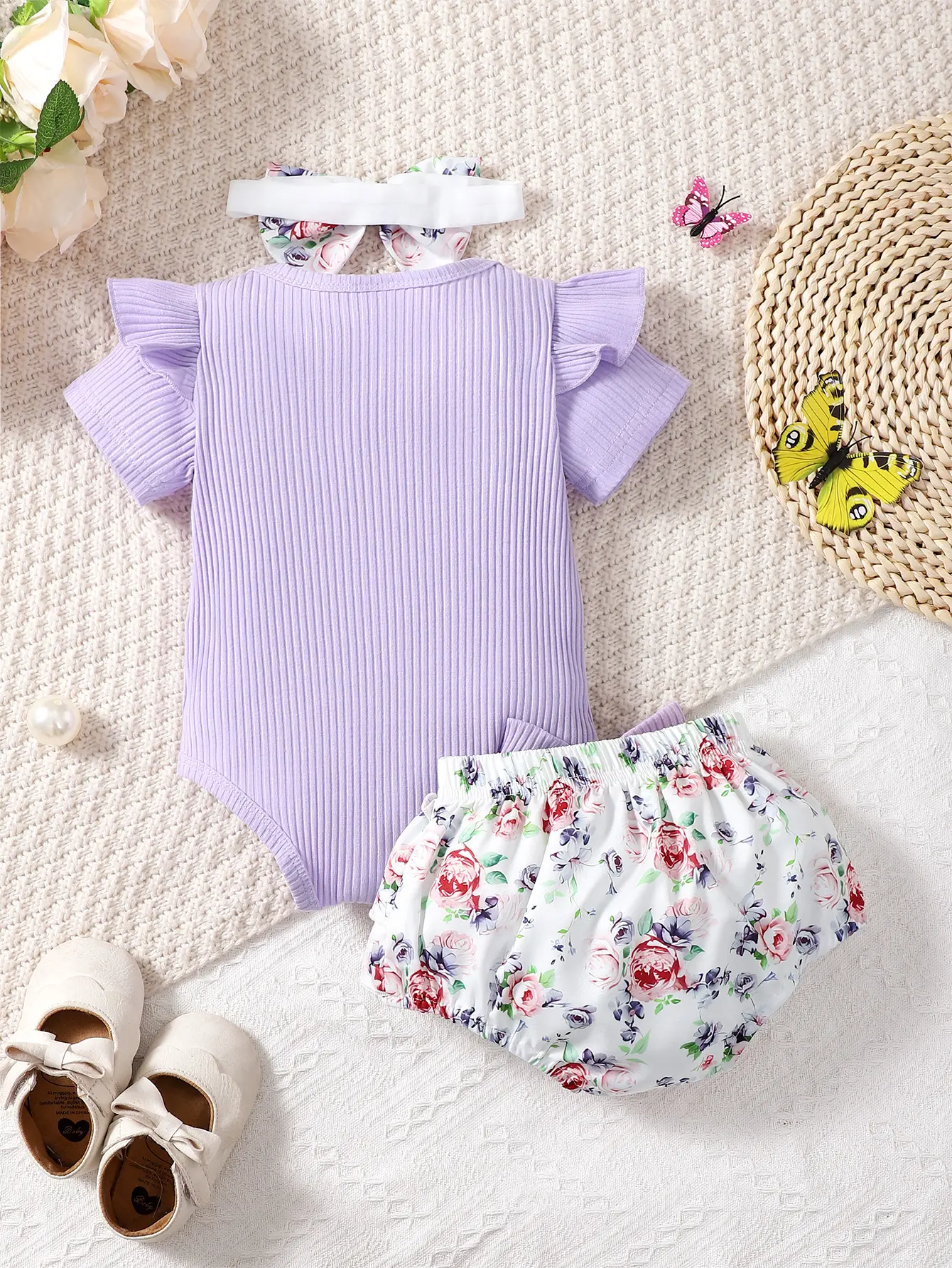 Newborn Summer Baby Girl Pit Pattern Round Neck Short Sleeve Lace Letter Embroidered Bow Head Flower Three Piece Set
