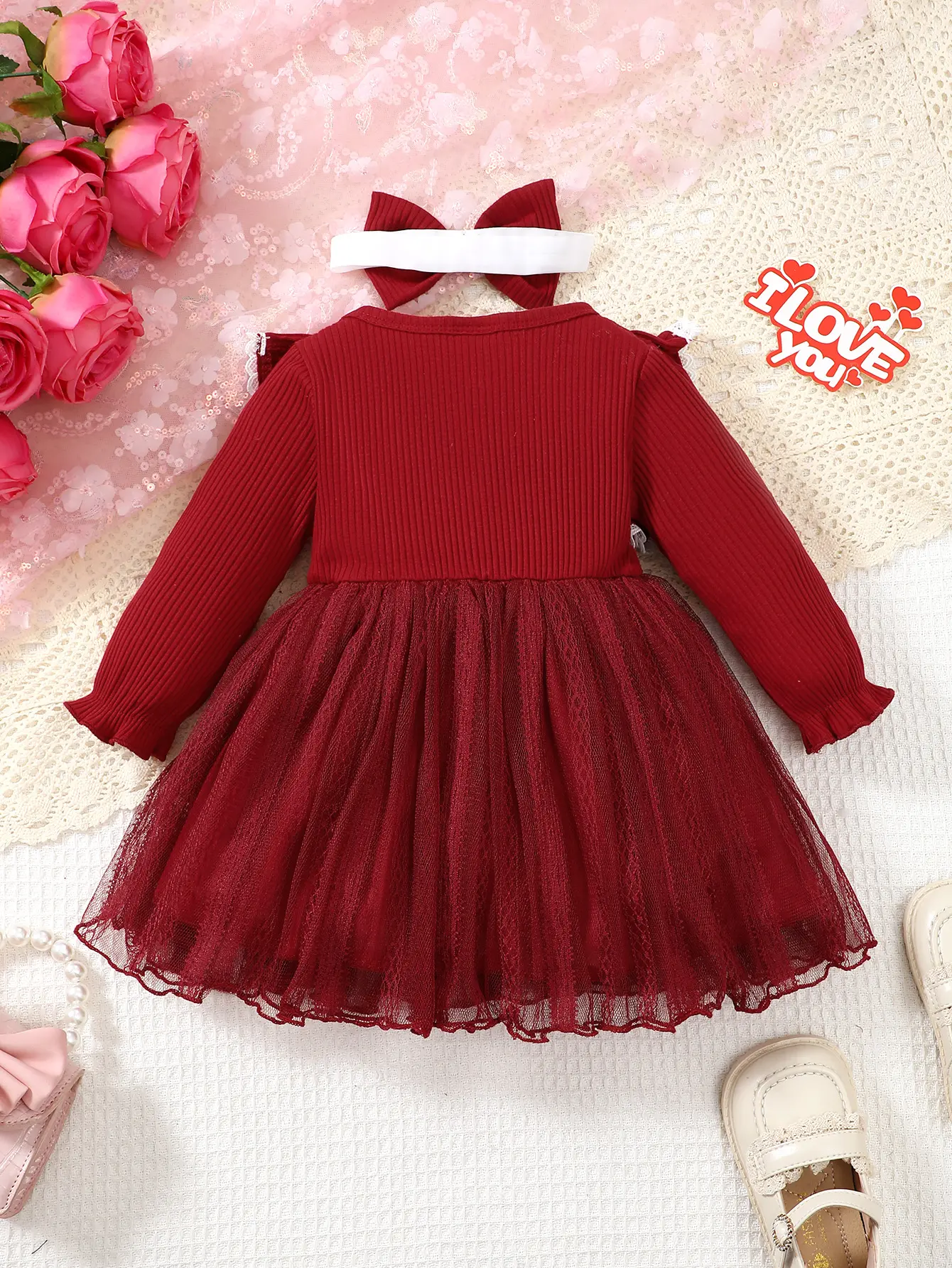 Baby Girl Spring and Autumn Romantic Mesh Splicing Pit Bar Round Neck Ruffle Lace Dress Suitable for Parties and Shopping