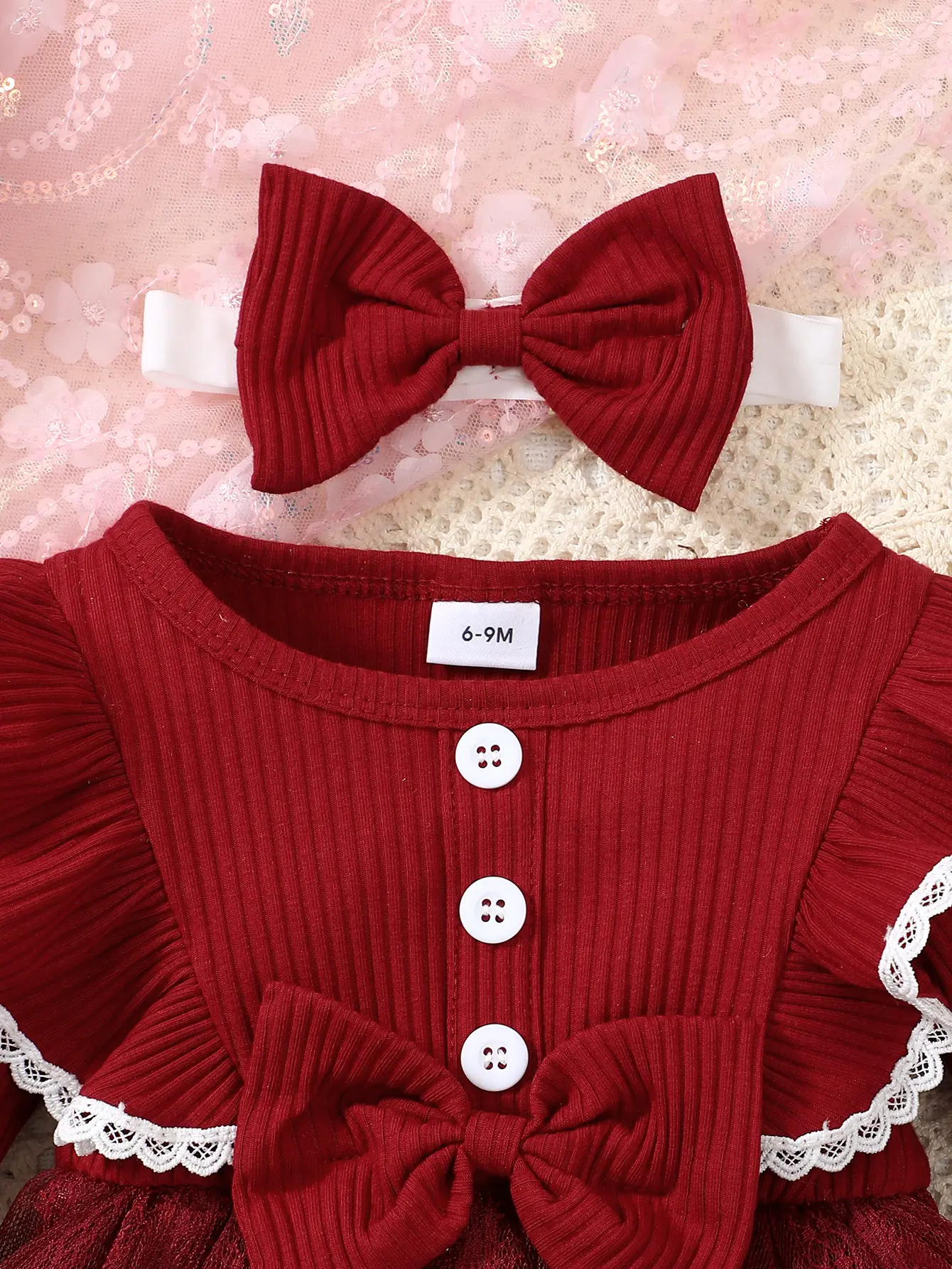 Baby Girl Spring and Autumn Romantic Mesh Splicing Pit Bar Round Neck Ruffle Lace Dress Suitable for Parties and Shopping