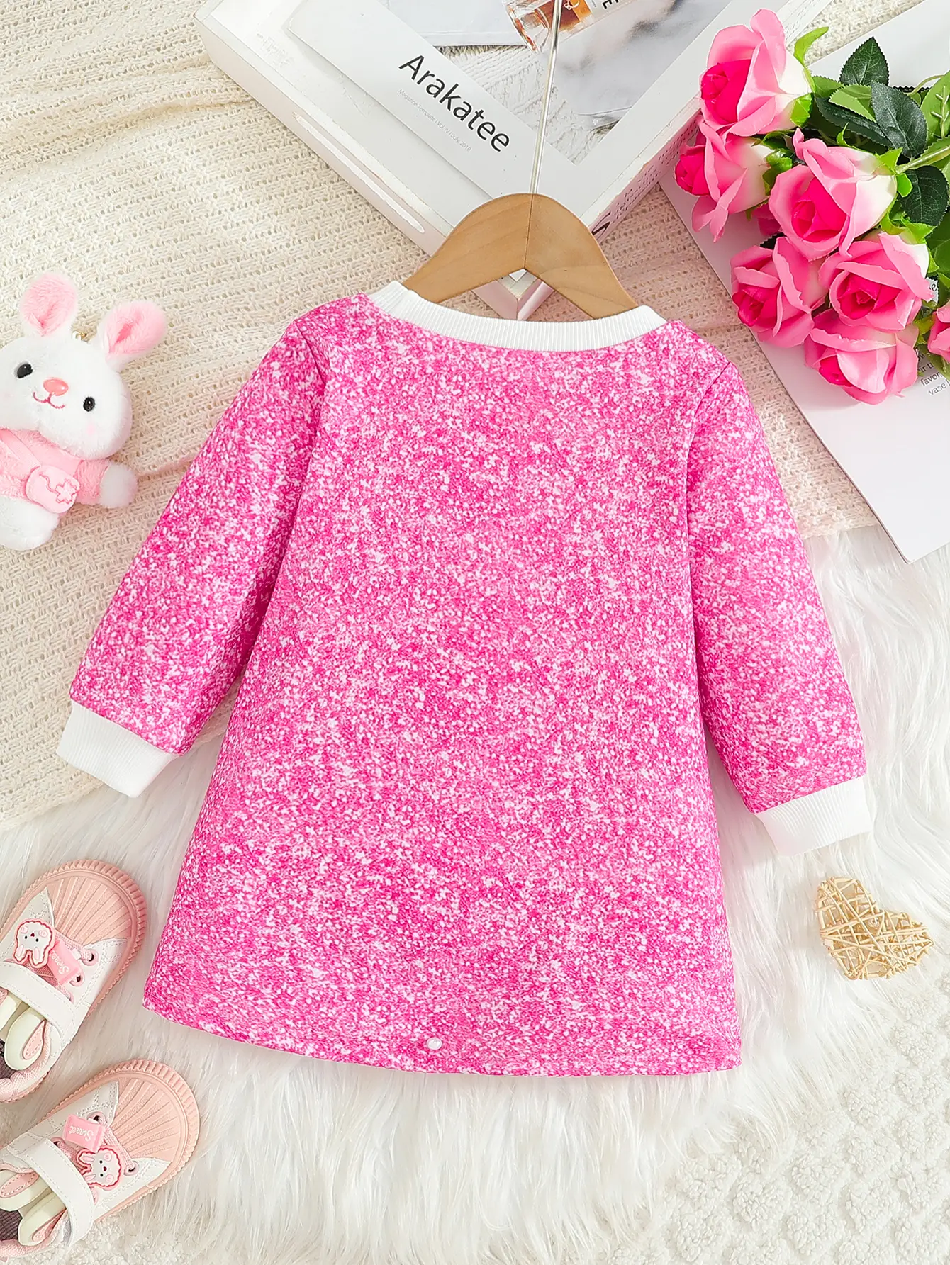 Newborn Baby Girl LongSleeved Round Neck Cute Cat Anime Printed Fashionable And Simple Dress