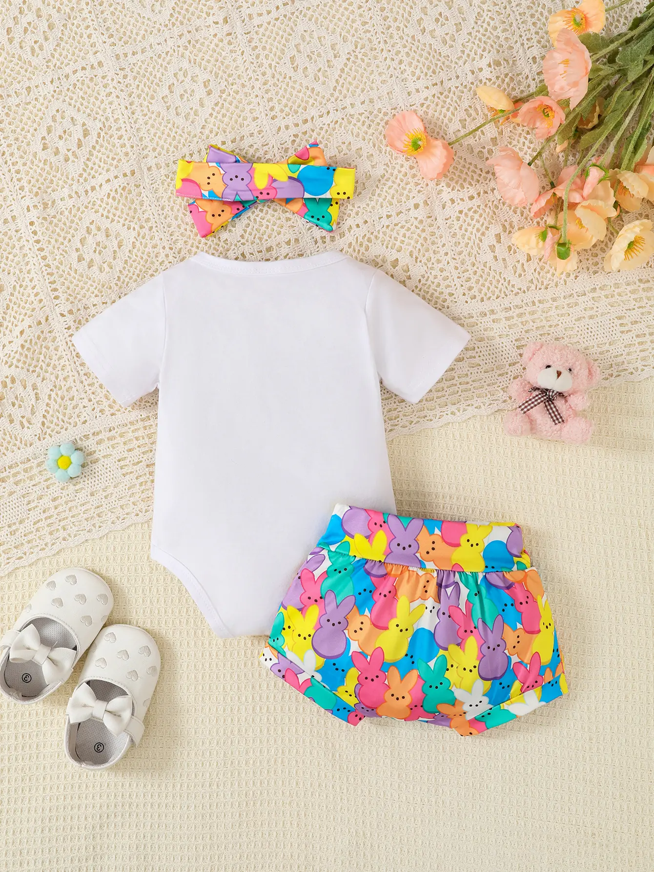 Newborn baby girl summer cute rabbit full print pattern round neck rabbit cute print short sleeved jumpsuit (with crotch) and ca