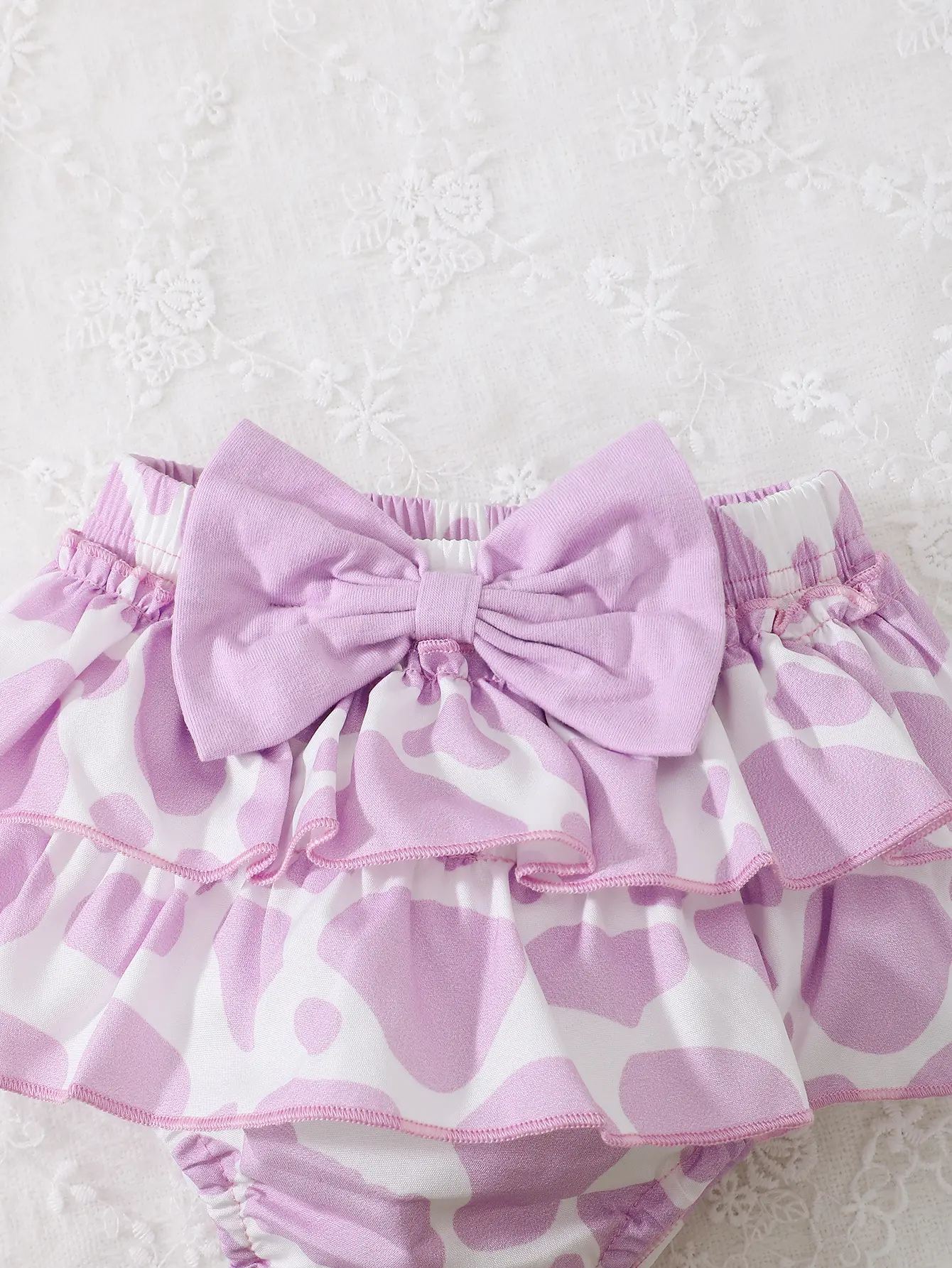 0-2 Year Old Baby Summer Solid Color Short Sleeved Letter Printed Round Neck Bread Shorts Bow Set Baby Clothing