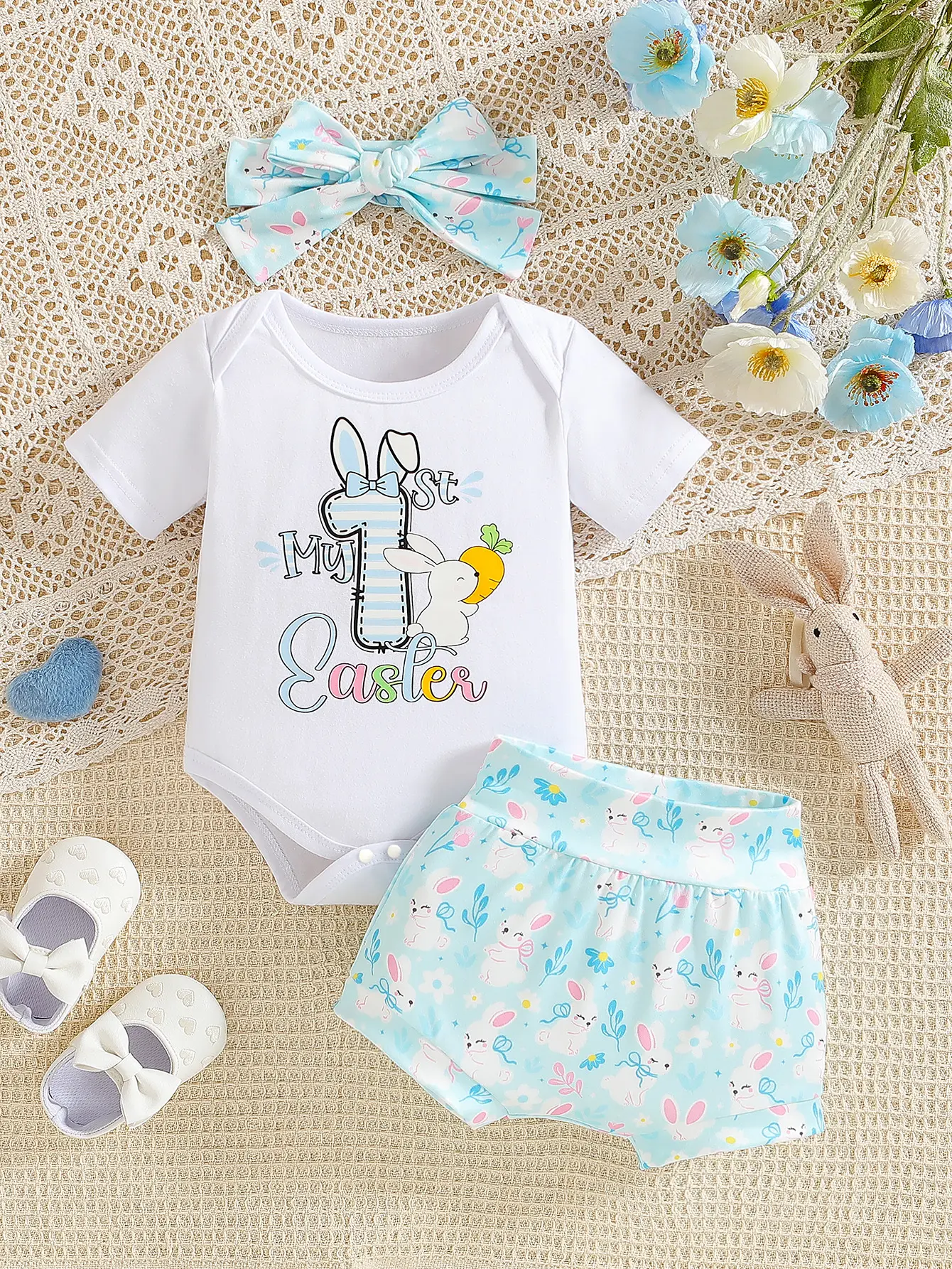 Newborn baby girl summer cute rabbit full print pattern round neck rabbit cute print short sleeved jumpsuit (with crotch) and ca
