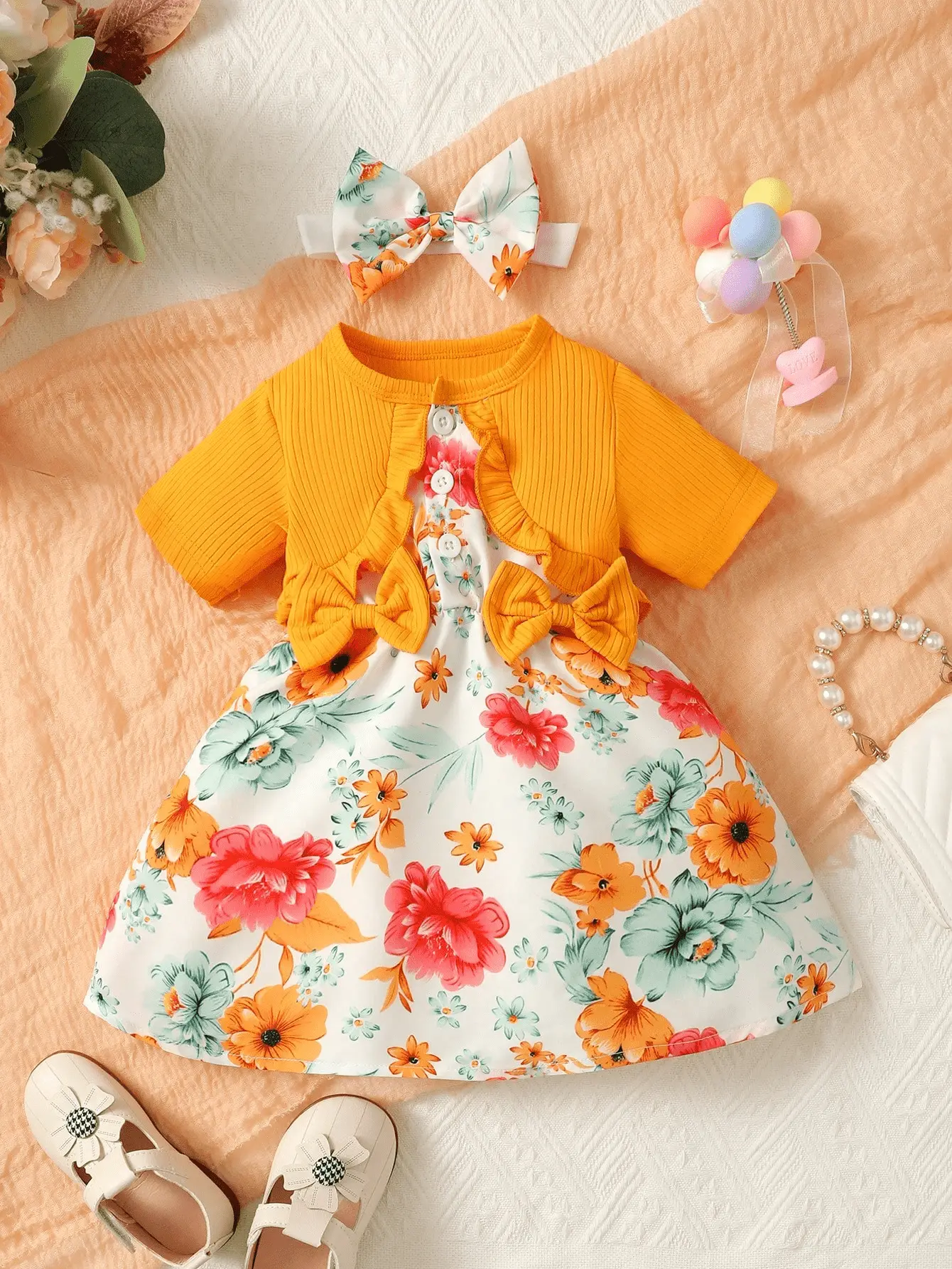 0-2 Year Old Newborn Baby Girl Printed Round Neck Short Sleeved Bow Headband Casual Fake Coat Dress