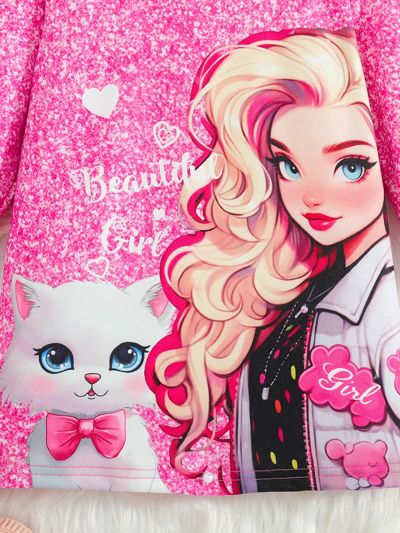 Newborn Baby Girl LongSleeved Round Neck Cute Cat Anime Printed Fashionable And Simple Dress