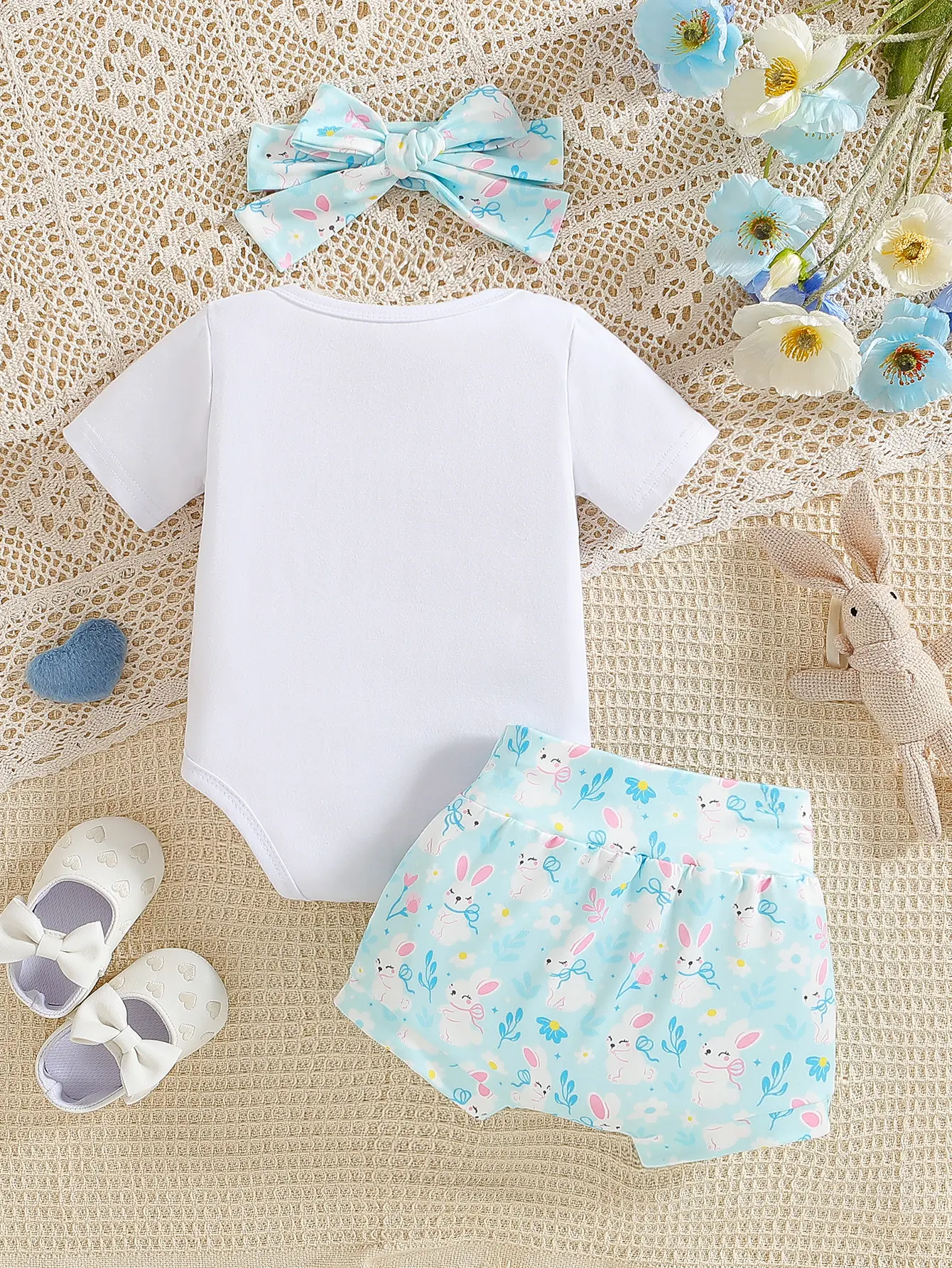 Newborn baby girl summer cute rabbit full print pattern round neck rabbit cute print short sleeved jumpsuit (with crotch) and ca