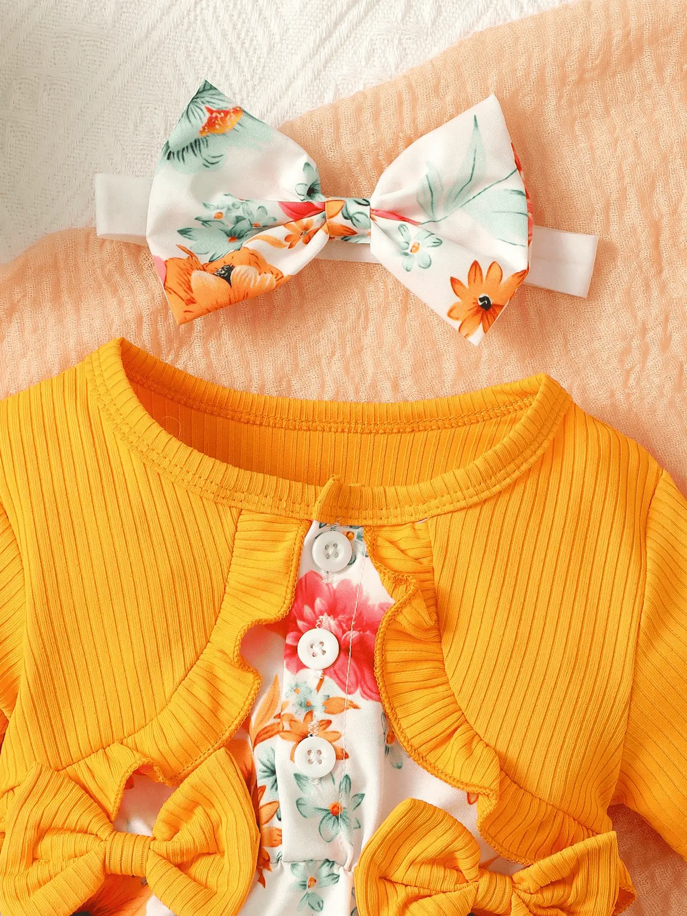 0-2 Year Old Newborn Baby Girl Printed Round Neck Short Sleeved Bow Headband Casual Fake Coat Dress