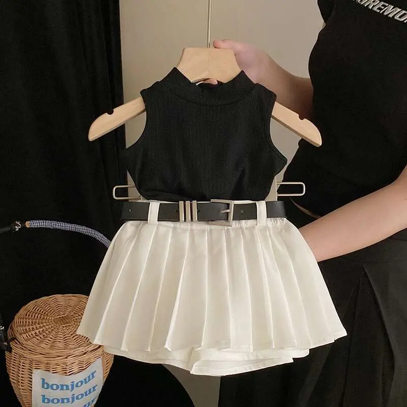 Girls Knitted Sleeveless Vest Set Sweet Cool Pleated Skirt And Pants Summer Trendy Outfit for Kids