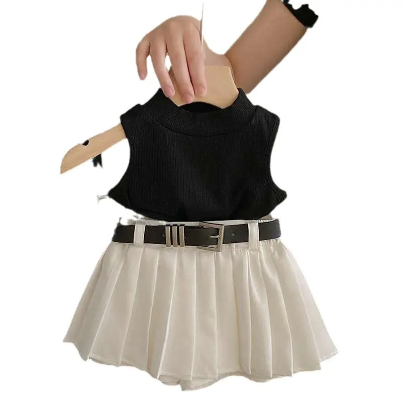 Girls Knitted Sleeveless Vest Set Sweet Cool Pleated Skirt And Pants Summer Trendy Outfit for Kids