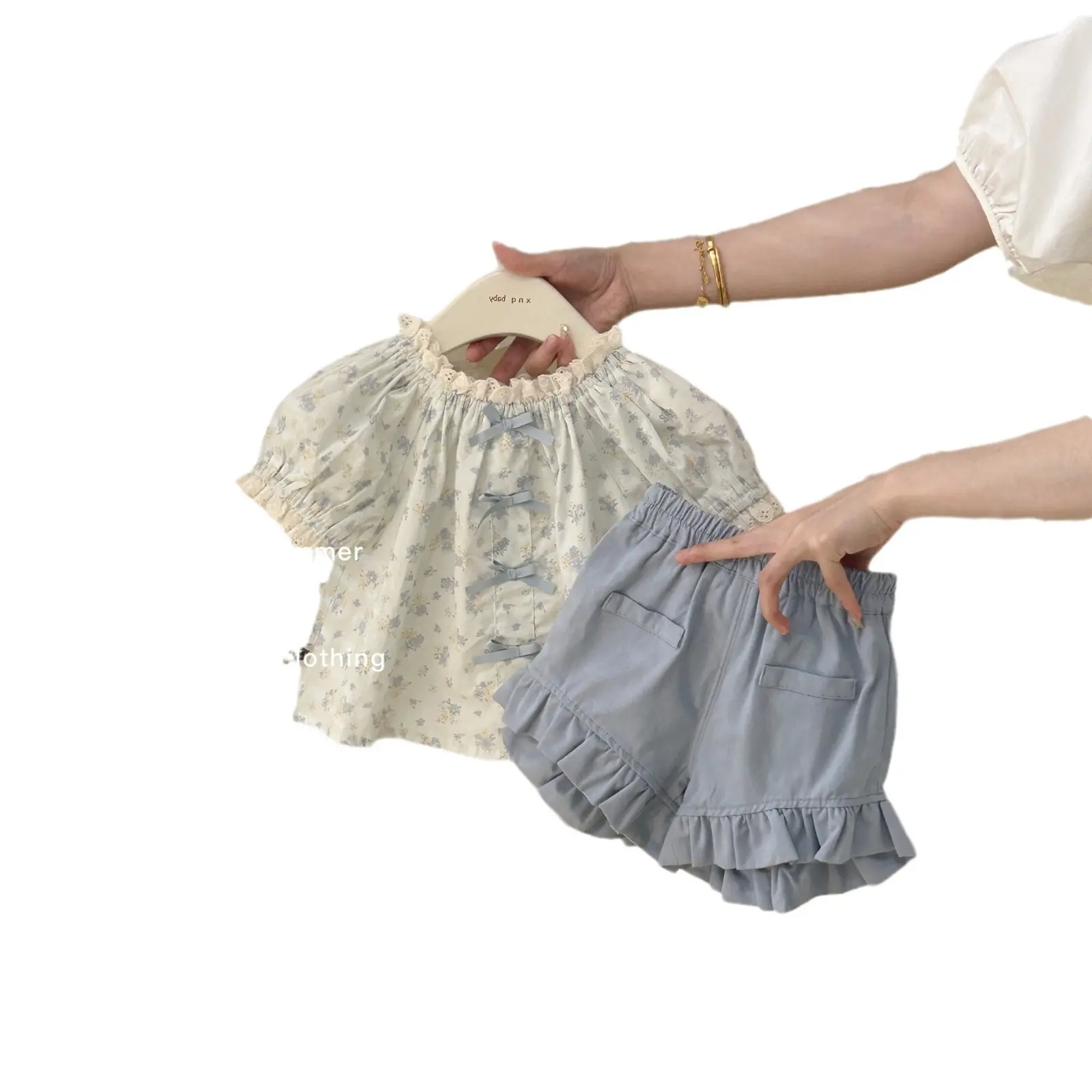 Summer Children's Floral Print Bow Lace Doll Blouse And Fashionable Shorts Two-Piece Set for Girls And Babies