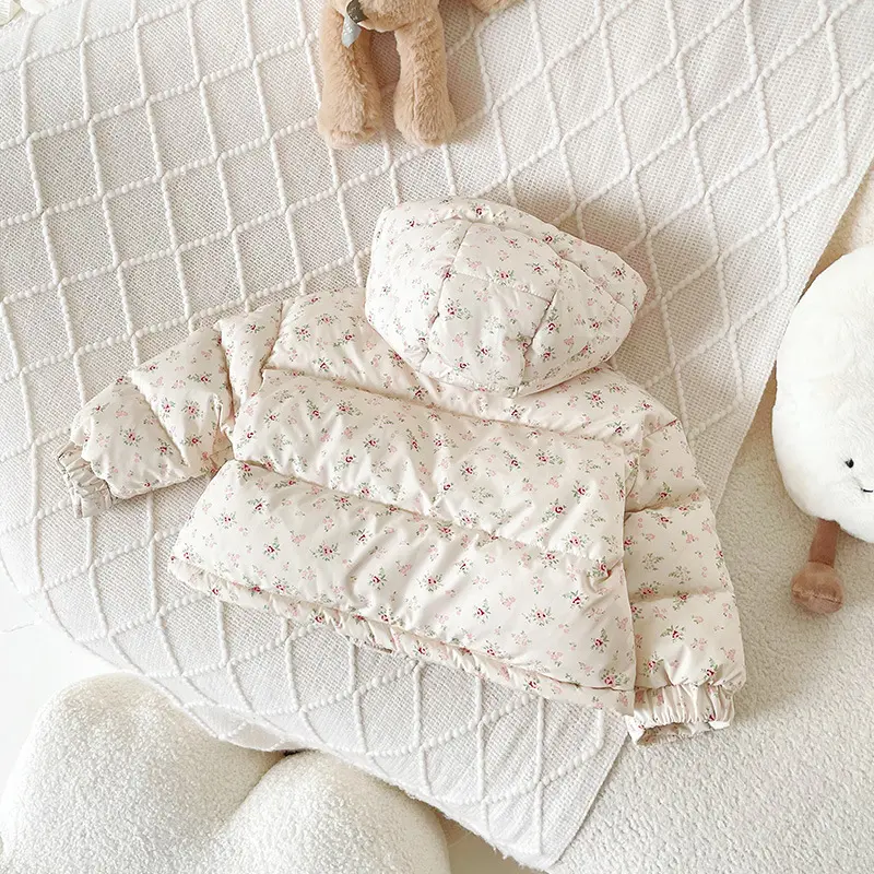 Girls Floral Hooded down Jacket Winter Coat Kids Infants National Standard 90% White Duck down Warm Sweet Children's Outerwear