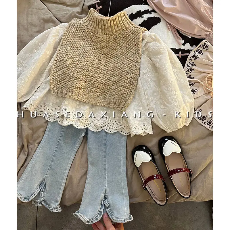 Children's Retro Jeans Knitted Shawl Set Spring Autumn Fashion Girls' Clothing Knitwear Combo