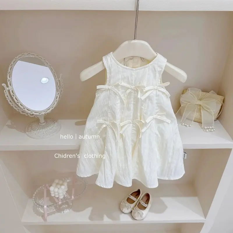 Girl's Sweet Wearing French Dress Baby Summer Sleeveless Western-style Solid Color Bow Vest Dress
