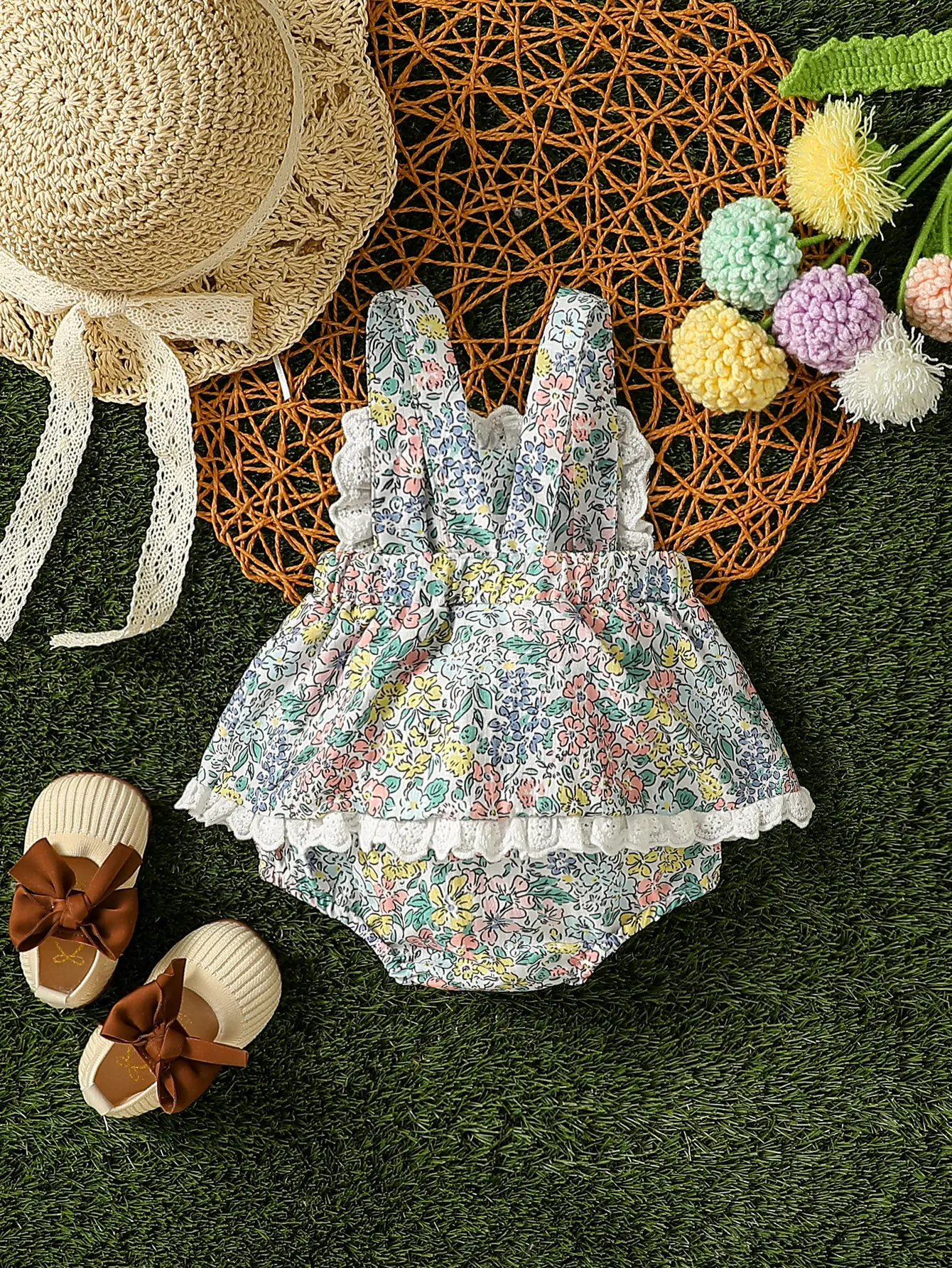 Baby girl summer casual and cute sleevess All Over Print Flower Square Collar jumpsuits