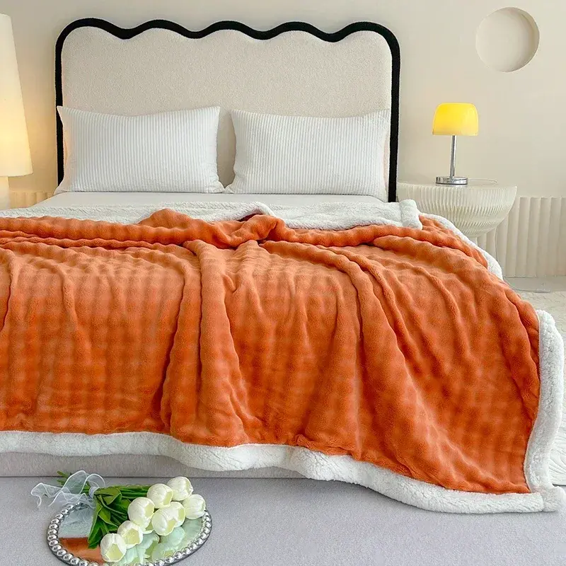 Thick Blankets Coral Fleece Plush Bedsheet Small Square Pattern Solid Color Blanket Fluffy Imitation Rabbit Lamb Wool Blanket