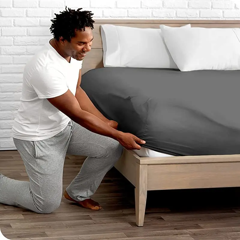 100% Cotton Fitted Bed Sheet with Elastic Band Solid Color Anti-slip Adjustable Mattress Cover for Single Double King Queen Bed